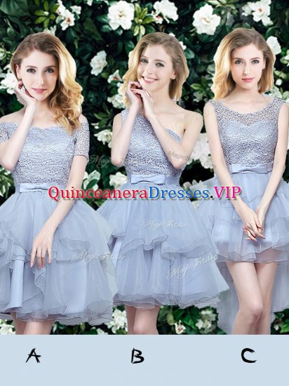 Fancy Off The Shoulder Sleeveless Damas Dress Mini Length Lace and Ruffles and Belt Grey Organza - Click Image to Close