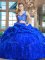 Artistic Royal Blue Taffeta and Tulle Zipper V-neck Sleeveless Quinceanera Dress Brush Train Lace and Ruffles and Pick Ups