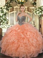 Captivating Organza Sweetheart Sleeveless Lace Up Beading and Ruffles 15th Birthday Dress in Orange