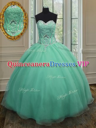 Sweet Apple Green Organza Lace Up Quince Ball Gowns Sleeveless Floor Length Beading