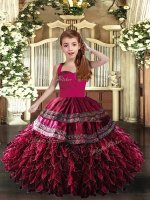 Straps Sleeveless Pageant Dress Wholesale Floor Length Appliques and Ruffles Hot Pink and Fuchsia Organza