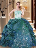 Fitting Turquoise Taffeta Lace Up Strapless Sleeveless Floor Length 15th Birthday Dress Embroidery and Pick Ups(SKU YYPJ0112-3BIZ)