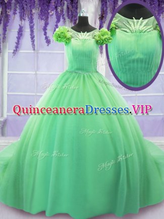 Fantastic Scoop Green Short Sleeves Tulle Court Train Lace Up Quinceanera Dresses for Military Ball and Sweet 16 and Quinceanera