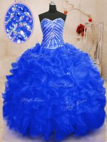 Custom Made Royal Blue Ball Gowns Sweetheart Sleeveless Organza Floor Length Lace Up Beading and Ruffles and Sequins Sweet 16 Dress