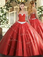 Sleeveless Tulle Floor Length Lace Up Ball Gown Prom Dress in Coral Red with Appliques