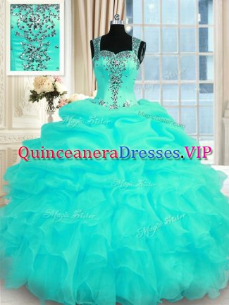 Artistic Turquoise Sleeveless Floor Length Beading and Ruffles Zipper Quinceanera Dress