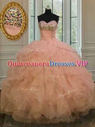 Unique Ball Gowns Sweet 16 Dress Peach Sweetheart Organza Sleeveless Floor Length Lace Up