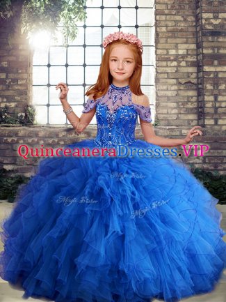 Fashionable Blue Sleeveless Floor Length Beading and Ruffles Lace Up Kids Pageant Dress