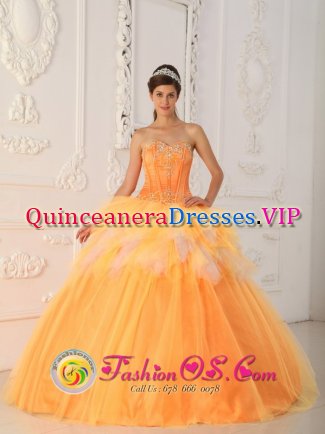 Woonsocket South Dakota/SD Orange Ruffles Sweetheart Floor-length Quinceanera Dress With Appliques and Beading For Clebrity In Pinetop