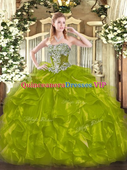 Olive Green Ball Gowns Beading and Ruffles 15 Quinceanera Dress Lace Up Organza Sleeveless Floor Length - Click Image to Close