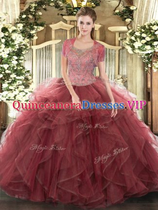 Fashion Burgundy 15 Quinceanera Dress Military Ball and Sweet 16 and Quinceanera with Beading and Ruffled Layers Scoop Sleeveless Clasp Handle