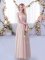 Shining Pink Empire Tulle V-neck Half Sleeves Lace and Belt Floor Length Side Zipper Dama Dress