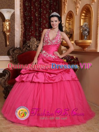 Cary Carolina/NC Hot Pink Romantic Quinceanera Dress With Appliques Decorate Halter Top Neckline