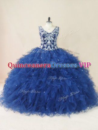 Luxury Navy Blue Ball Gowns V-neck Sleeveless Tulle Floor Length Backless Embroidery and Ruffles Quinceanera Gowns