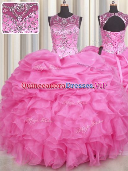 Excellent See Through Scoop Sleeveless Organza Quinceanera Dress Beading and Ruffles and Pick Ups Lace Up - Click Image to Close