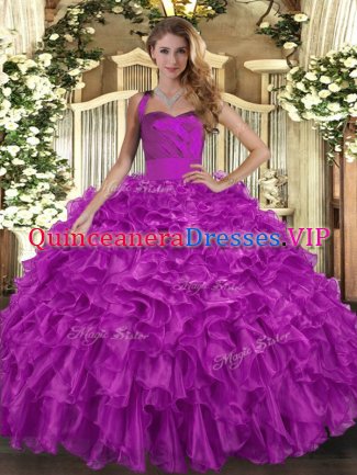 Charming Fuchsia Organza Lace Up Halter Top Sleeveless Floor Length Quinceanera Dress Ruffles