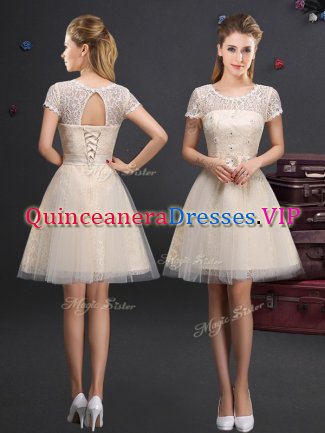 Mini Length Champagne Quinceanera Dama Dress Scoop Short Sleeves Lace Up