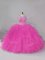 Lace Scoop Sleeveless Lace Up Beading and Ruffles Quinceanera Dress in Fuchsia