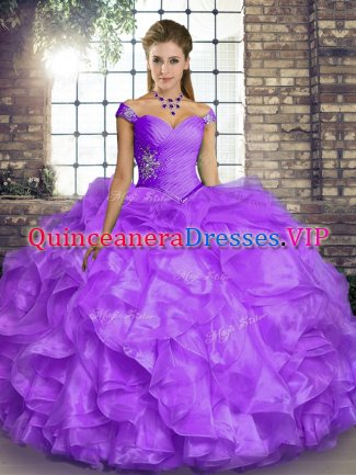 Graceful Off The Shoulder Sleeveless Organza Quinceanera Gowns Beading and Ruffles Lace Up