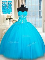 Sleeveless Floor Length Beading Lace Up Quinceanera Gowns with Baby Blue