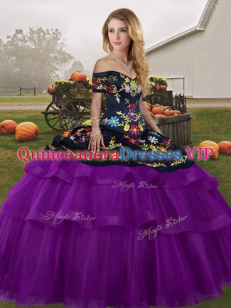 Black And Purple Off The Shoulder Neckline Embroidery and Ruffled Layers 15 Quinceanera Dress Sleeveless Lace Up