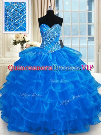 Stylish Beading and Ruffled Layers Quinceanera Dresses Blue Lace Up Sleeveless Floor Length