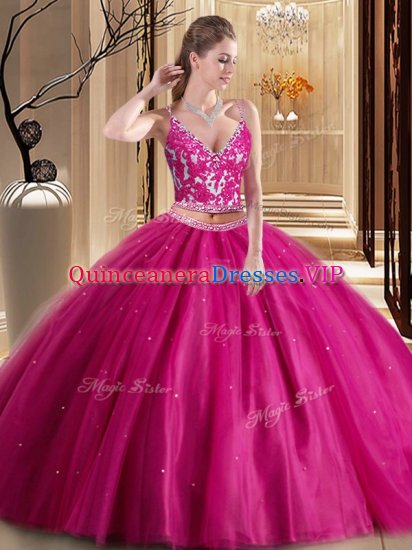 Hot Pink Sleeveless Beading and Appliques Floor Length Sweet 16 Dresses - Click Image to Close