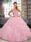 Baby Pink Quinceanera Gowns Tulle Brush Train Sleeveless Beading and Ruffled Layers