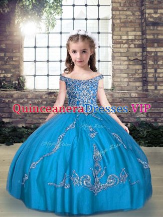 Most Popular Sleeveless Floor Length Beading and Appliques Lace Up Pageant Dresses with Aqua Blue