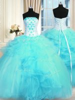 Sleeveless Floor Length Pick Ups and Hand Made Flower Lace Up Quinceanera Gowns with Aqua Blue