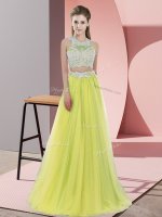 Yellow Sleeveless Lace Floor Length Quinceanera Court of Honor Dress