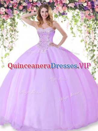 Free and Easy Lilac Ball Gowns Sweetheart Sleeveless Tulle Floor Length Lace Up Beading Quinceanera Gown