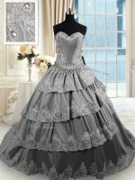 Taffeta Sweetheart Sleeveless Court Train Lace Up Beading and Appliques and Ruffled Layers Quinceanera Dresses in Grey