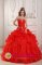 Pudasjarvi Finland Custom Made Strapless Red Appliques and Ruched Bodice Ruffles Organza Quinceanera Dress