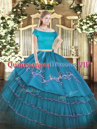 Trendy Teal Quinceanera Dresses Military Ball and Sweet 16 and Quinceanera with Embroidery and Ruffled Layers Off The Shoulder Short Sleeves Zipper