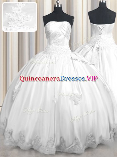 Strapless Sleeveless Quinceanera Dress Floor Length Beading and Appliques White Taffeta - Click Image to Close