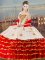 Graceful Sweetheart Sleeveless Sweet 16 Dresses Floor Length Beading and Ruffled Layers White And Red Organza