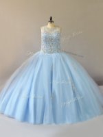 Sexy Light Blue Sleeveless Floor Length Beading Lace Up Vestidos de Quinceanera