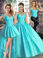 Custom Design Three Pieces Sweet 16 Quinceanera Dress Aqua Blue Off The Shoulder Tulle Sleeveless Floor Length Lace Up(SKU YSQD084CX003ABIZ)