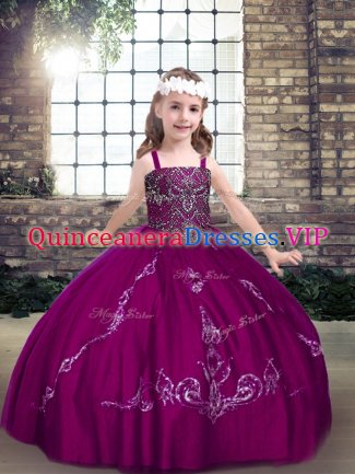 Fuchsia Ball Gowns Straps Sleeveless Tulle Floor Length Lace Up Beading Little Girls Pageant Dress Wholesale