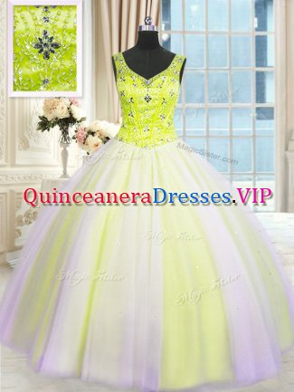 Multi-color Ball Gowns Tulle V-neck Sleeveless Beading and Sequins Floor Length Lace Up Quinceanera Gowns