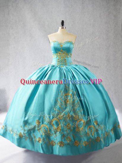 Adorable Satin Sweetheart Sleeveless Lace Up Embroidery Sweet 16 Dresses in Aqua Blue - Click Image to Close