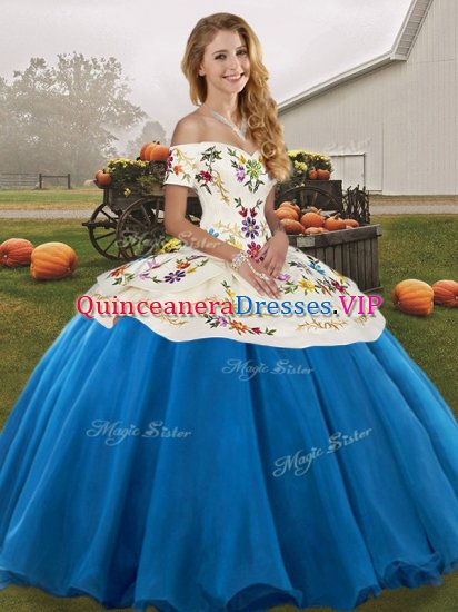 Flare Blue And White Ball Gowns Tulle Off The Shoulder Sleeveless Embroidery Floor Length Lace Up 15 Quinceanera Dress - Click Image to Close