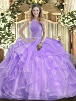 Smart Floor Length Lavender Quince Ball Gowns Organza Sleeveless Beading and Ruffles