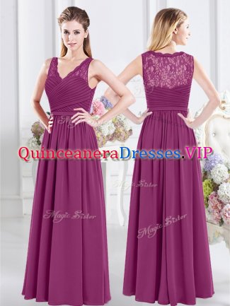 Fuchsia Chiffon Side Zipper Quinceanera Court Dresses Sleeveless Floor Length Lace and Ruching