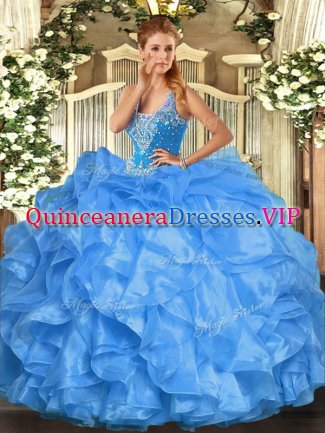 Edgy Baby Blue Sleeveless Organza Lace Up Quinceanera Gowns for Military Ball and Sweet 16 and Quinceanera