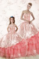 Watermelon Red Lace Up 15th Birthday Dress Embroidery and Ruffled Layers Sleeveless Floor Length