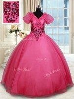 Amazing V-neck Short Sleeves Lace Up Quinceanera Dresses Coral Red Organza