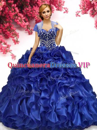 Beading and Ruffles Quinceanera Dress Royal Blue Lace Up Sleeveless Floor Length