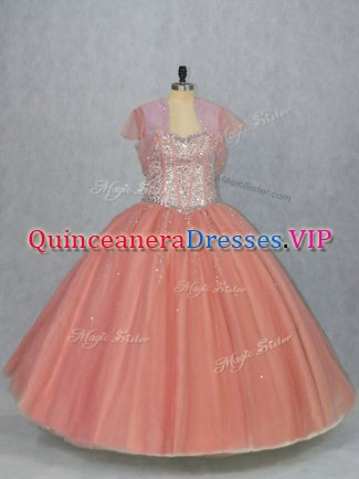 Watermelon Red Ball Gowns Tulle Sweetheart Sleeveless Beading Floor Length Lace Up Quince Ball Gowns